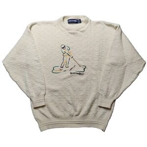 VTG SCOTTISH ISLE‎ BY BERNETTE Men Large Beige Cotton Hand Framed Sweater USA